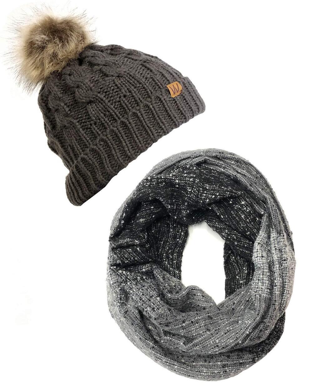 9884 Tricolor Winter Knit Infinity Scarf with Beanie, Dark Gray/Pom Pom